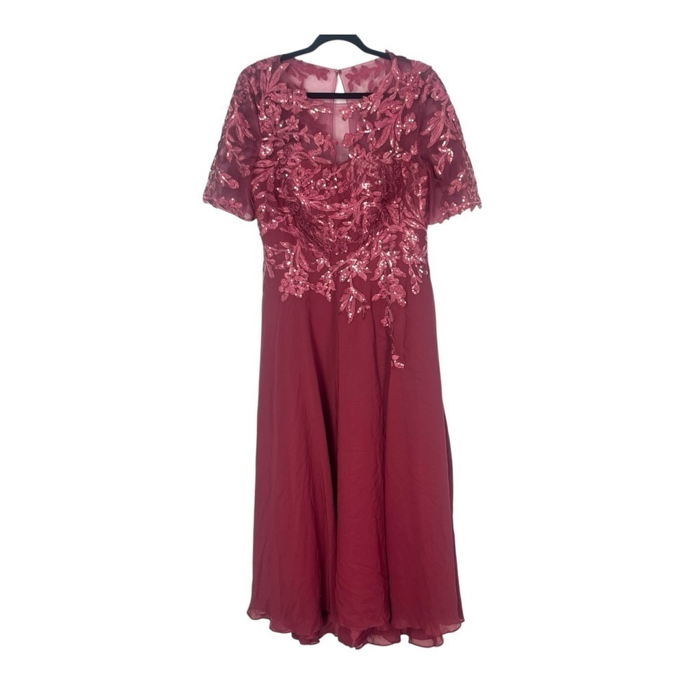 Wine Burgundy Pink Raspberry Chiffon ALine Floral Sheer Embroidered Sequin Dress